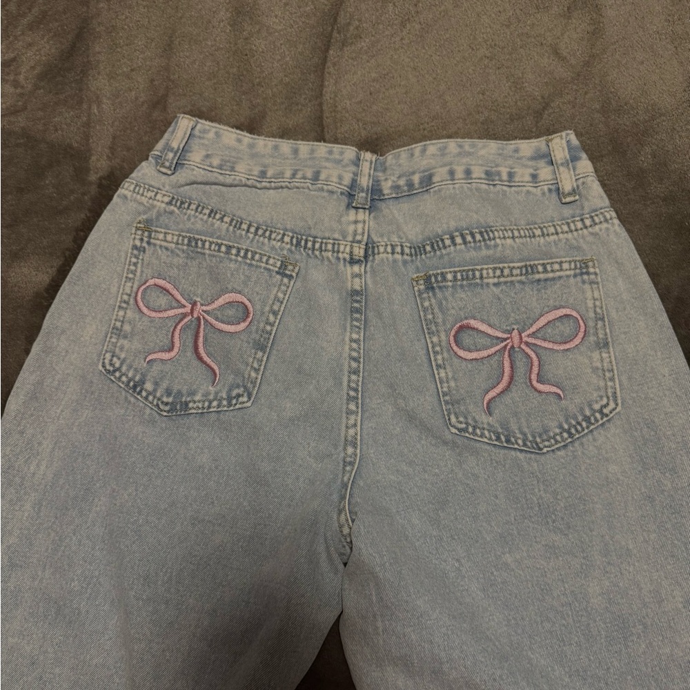 Light Blue Jeans with Pink Bow Embroidery🎀